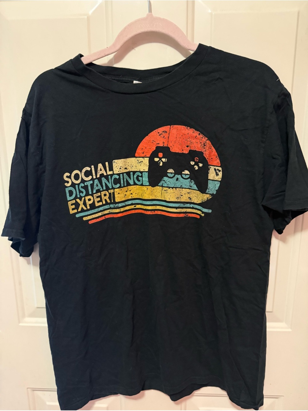 Social Distancing Expert Graphic Tee -  with Retro Multicolor Print. Men’s- L